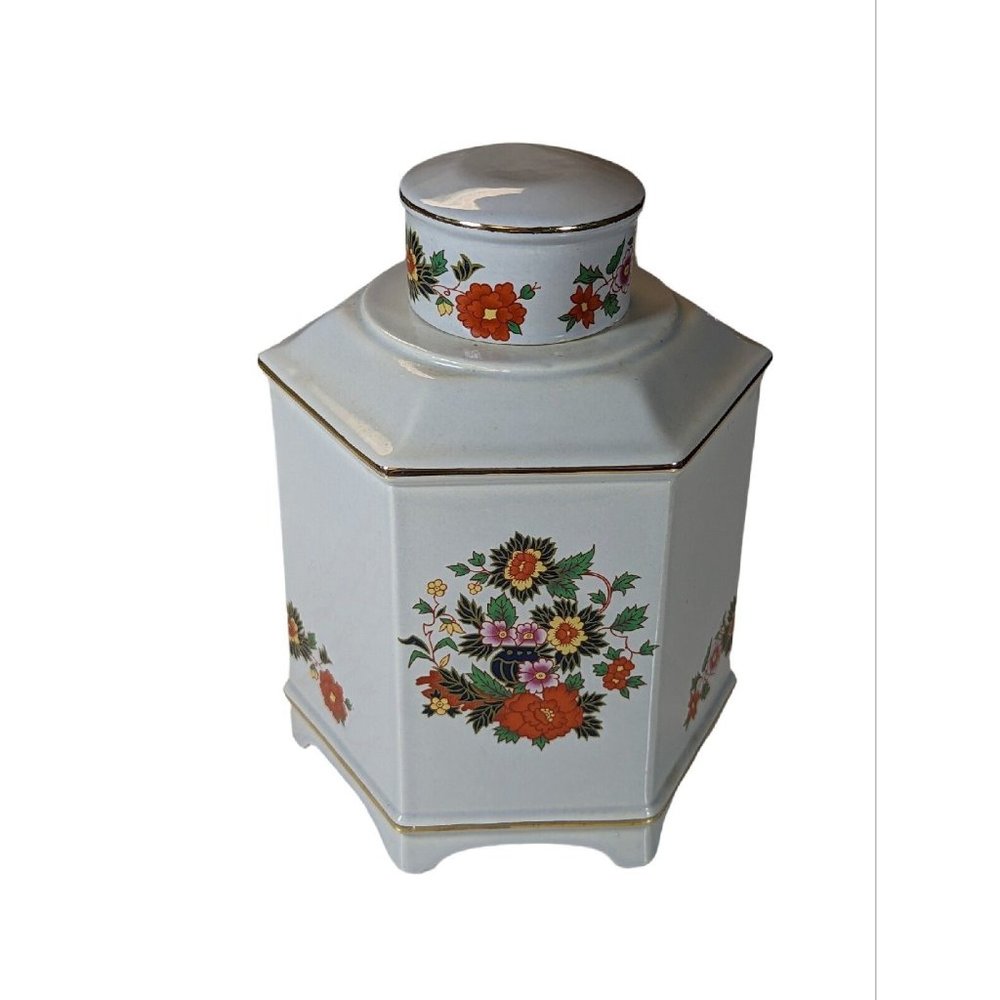 Decorative Hyalyn 836 USA Jar/ Canister Hexagon Oriental Asian Floral